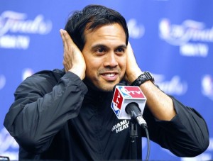 Miami Heat head coach Spoelstra responds to a question during news conference for the NBA Finals basketball playoff series in Texas