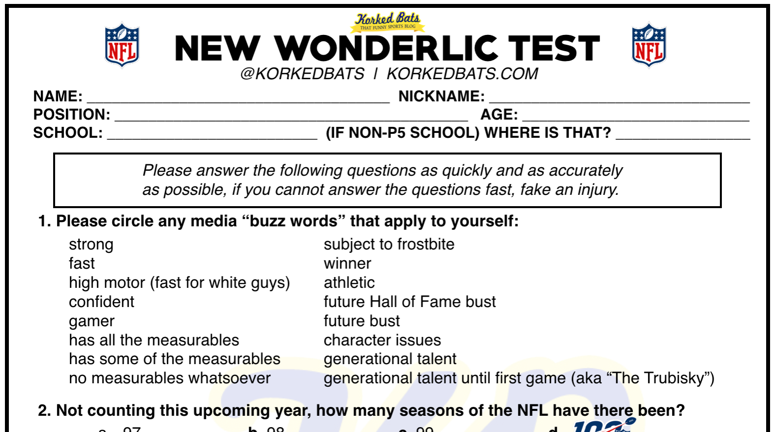 The NFL's New Wonderlic Test 2020 Korked Bats
